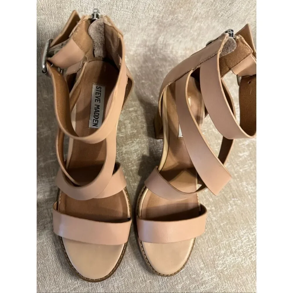 Steve Madden Women's Elita Leather Stacked Heel Strappy Sandals Natural Size 8.5